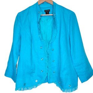 Multiples 100% Linen Ruffle Turquoise Blazer, Size S